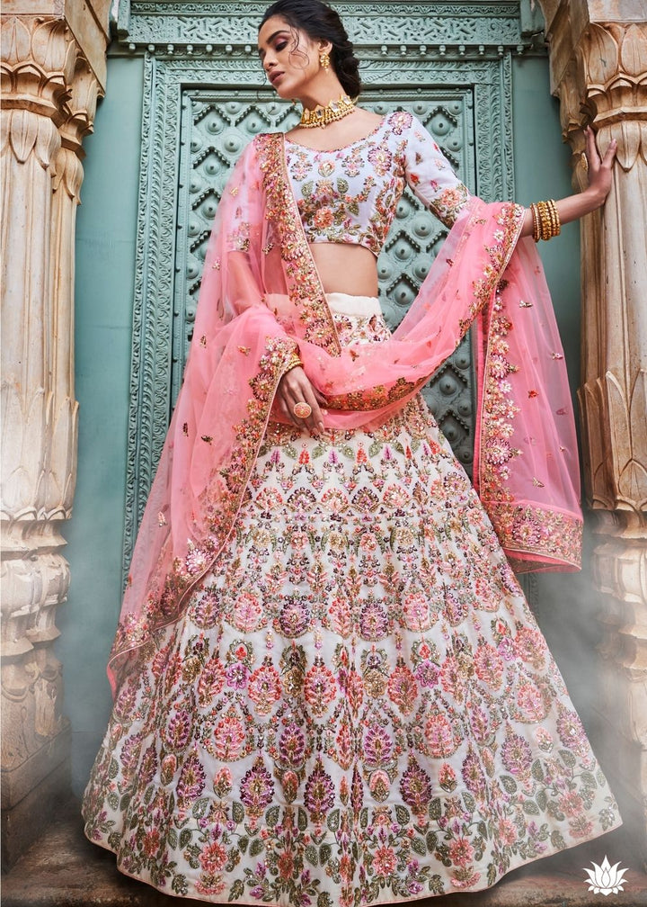 Off White Georgette Lehenga Choli with Thread, Sequins, Zari and Zarkan work