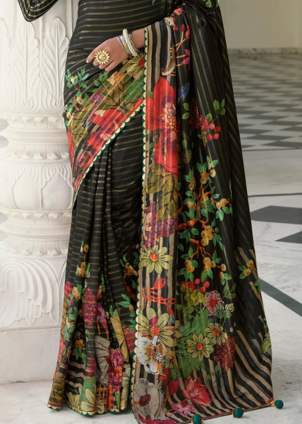 Midnight Black Floral Digital Print Silk Saree