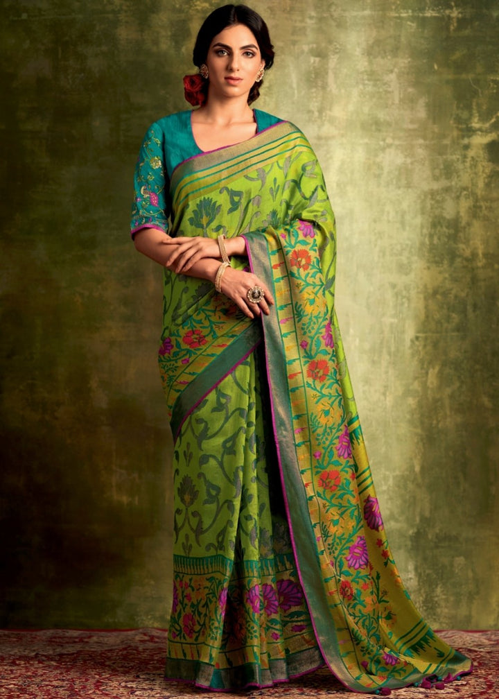 Slime Green Designer Soft Brasso Silk Saree