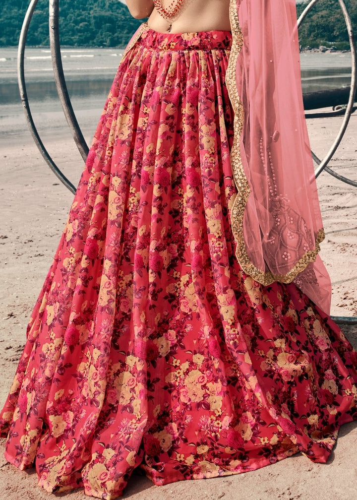 Punch Pink Designer Printed Organza Lehenga with Soft Net Dupatta