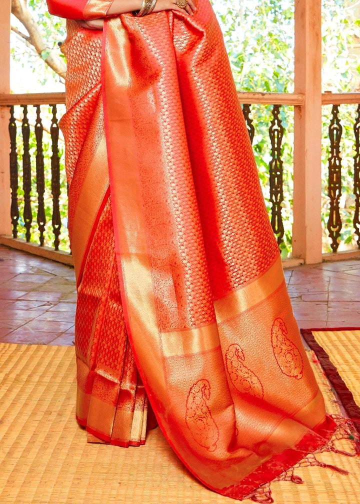 Scarlet Red Zari Woven Kanjivaram Silk Saree