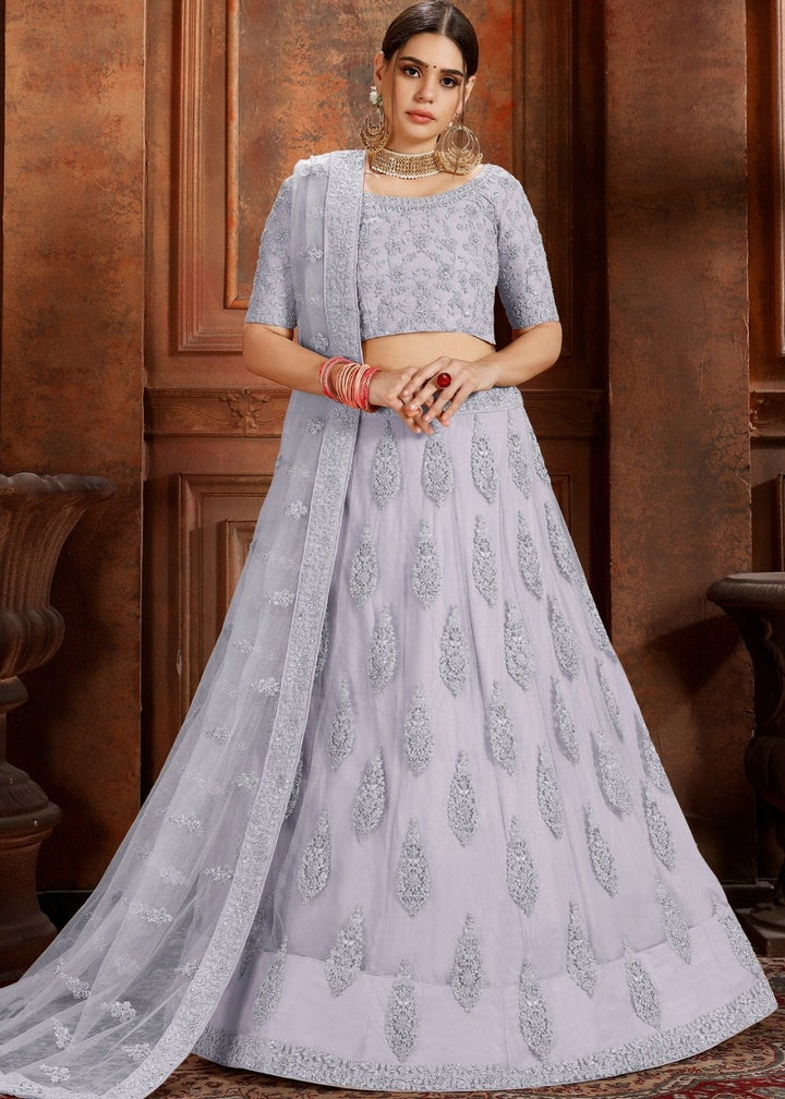 Silver Grey Soft Net Lehenga Choli with Thread, Zarkan & Pearl work