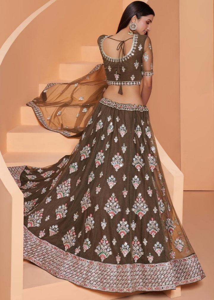 Army Green Net Lehenga Choli with Cording,Thread Embroidery, Zarkan & Badla work