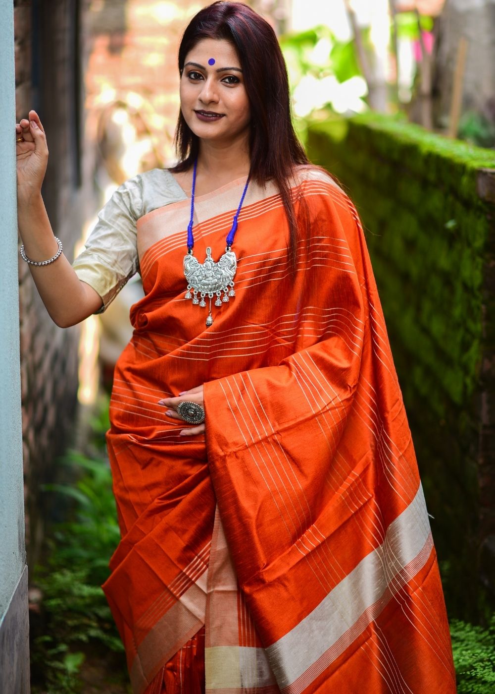 Rust Orange Designer Raw Silk Saree