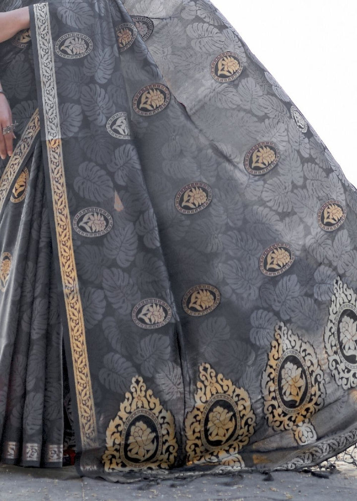 Fossil Grey Printed Satin Silk Saree