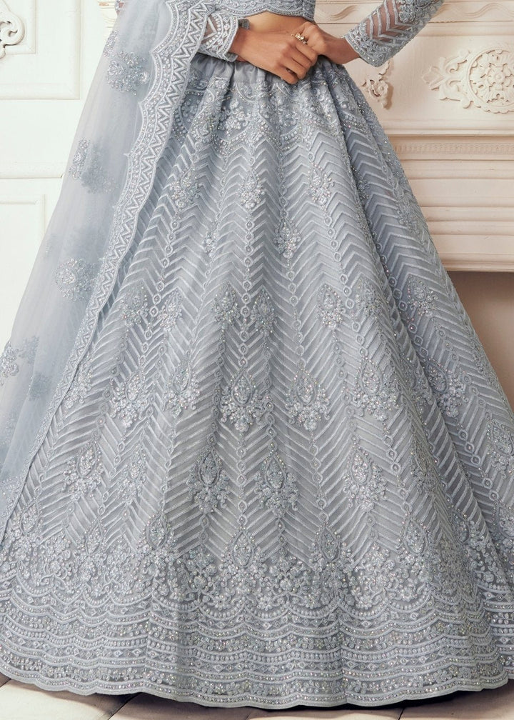 Coin Grey Soft Net Lehenga Choli with Cording Embroidery & Stonework