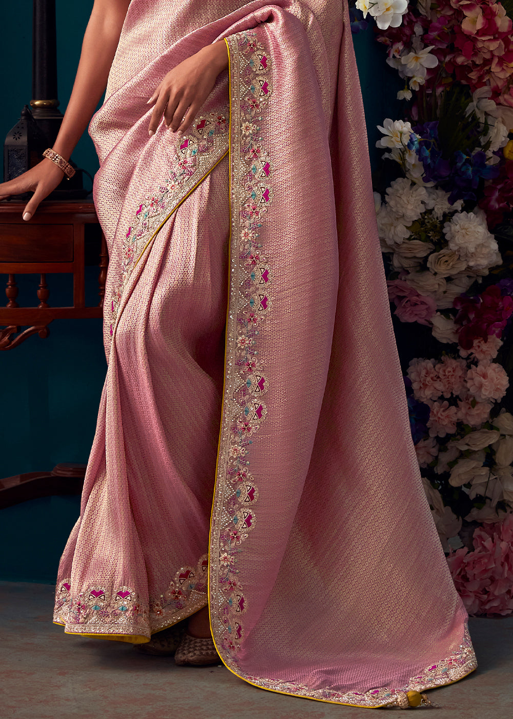 Pinkish Purple Woven Kanjivaram Silk Saree with Sequin,Stone,Khatli & Pearl work