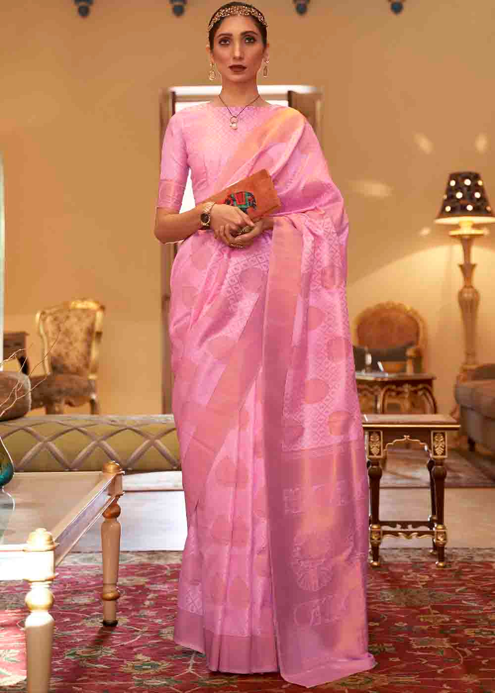 Rose Pink Handloom Weave Banarasi Silk Saree