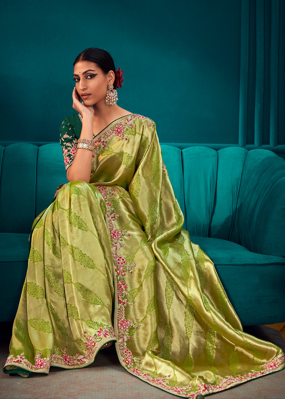 Shades Of Green Woven Kanjivaram Silk Saree with Sequin,Stone,Khatli & Pearl work