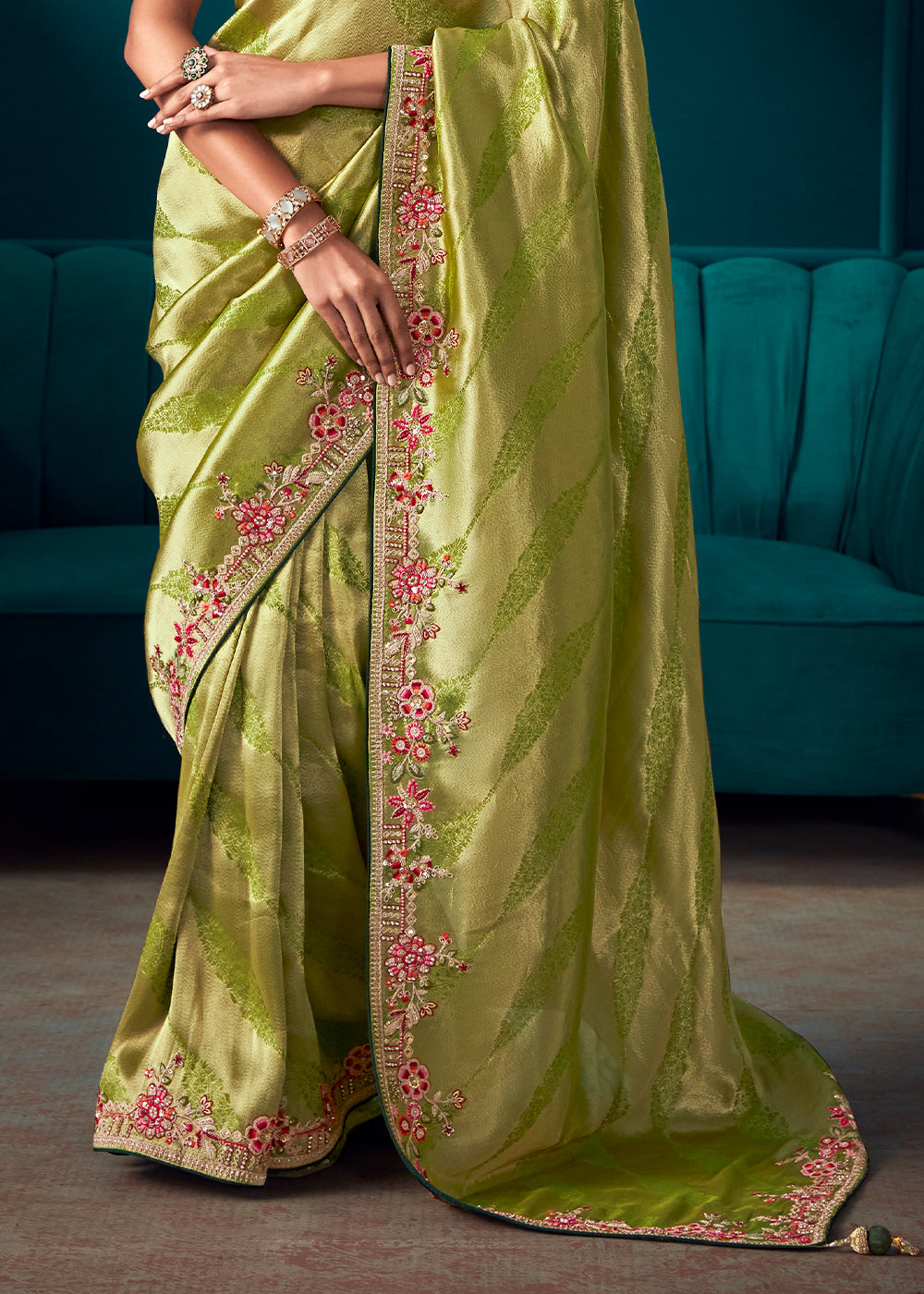 Shades Of Green Woven Kanjivaram Silk Saree with Sequin,Stone,Khatli & Pearl work