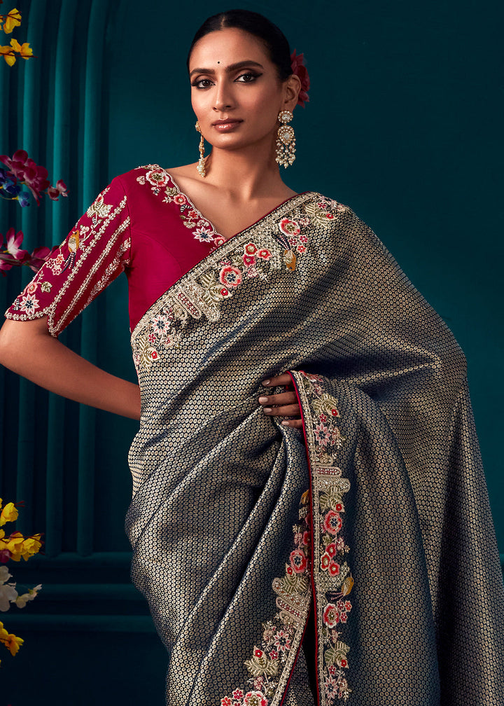 Anchor Grey Woven Kanjivaram Silk Saree with Sequin,Stone,Khatli & Pearl work