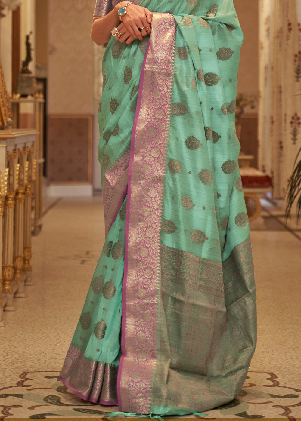 Fern Green Zari Butta Woven Tussar Silk Saree