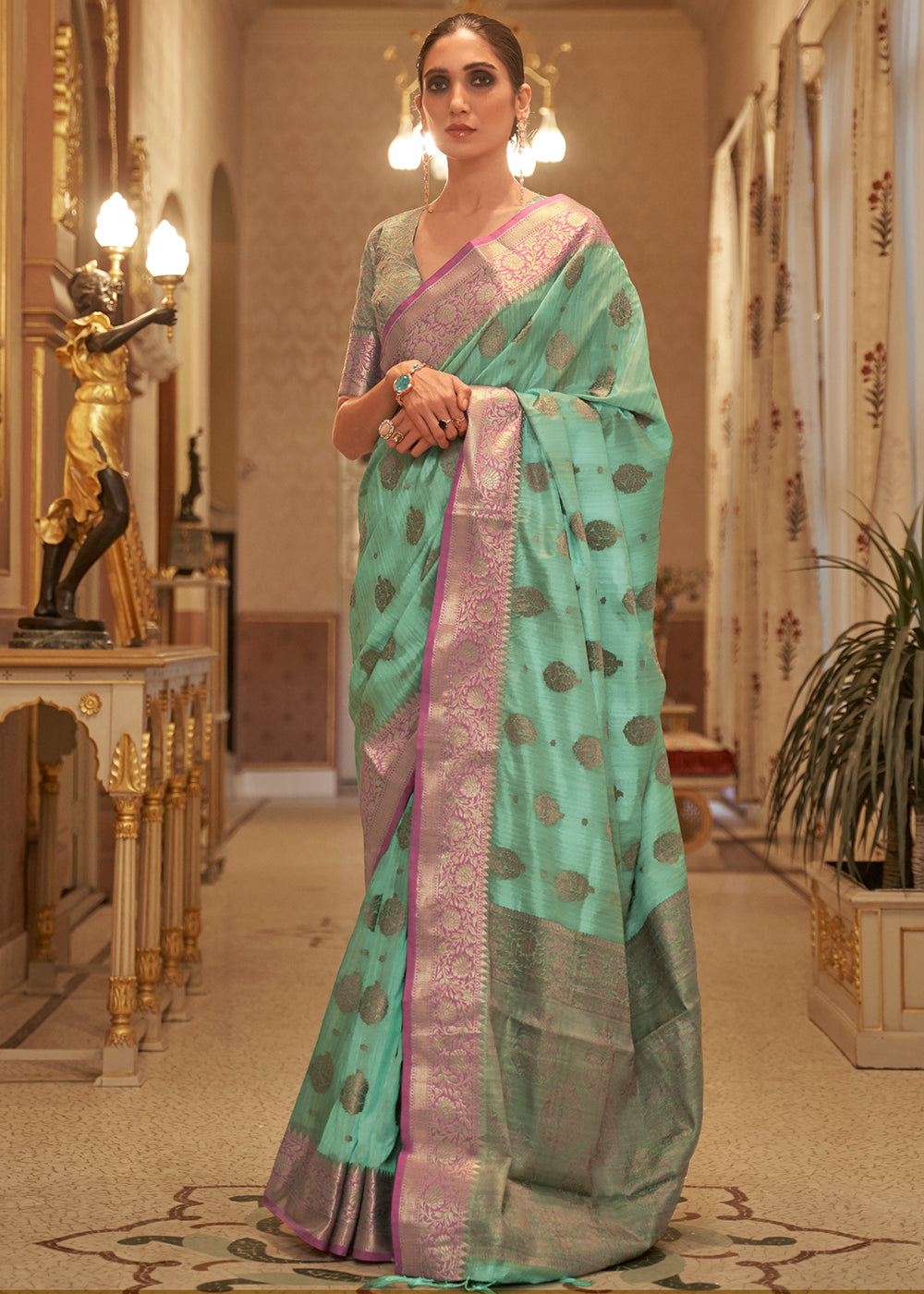 Fern Green Zari Butta Woven Tussar Silk Saree