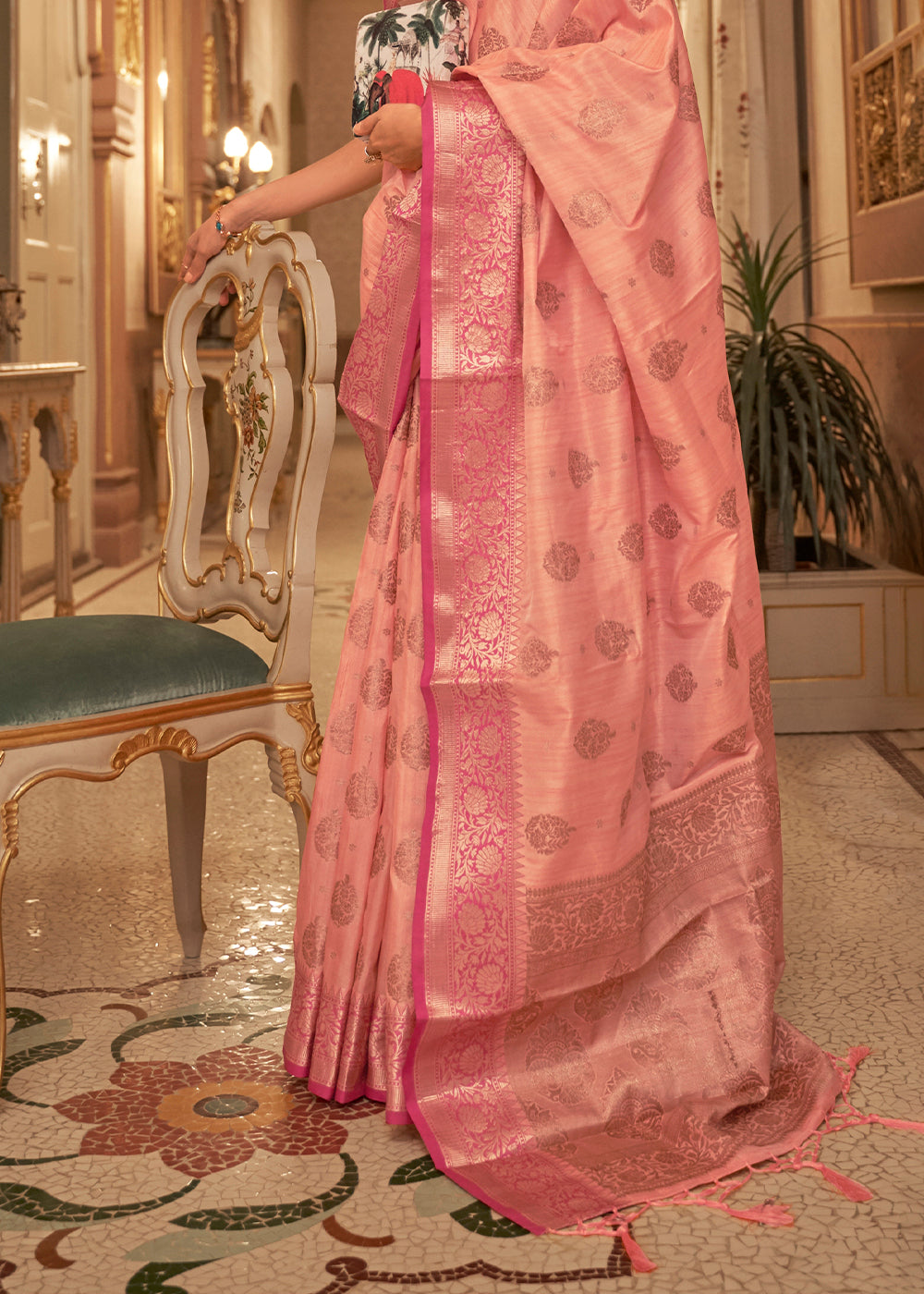 Coral Pink Zari Butta Woven Tussar Silk Saree