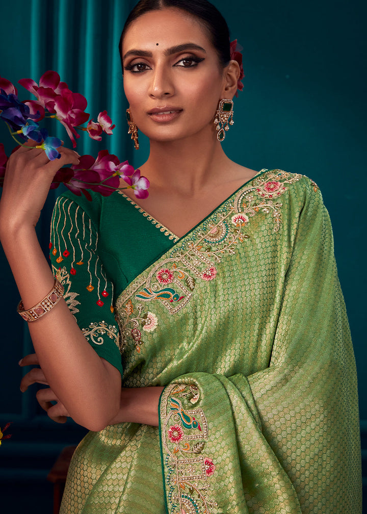 Light Green Woven Kanjivaram Silk Saree with Sequin,Stone,Khatli & Pearl work