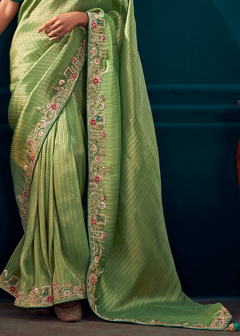 Light Green Woven Kanjivaram Silk Saree with Sequin,Stone,Khatli & Pearl work