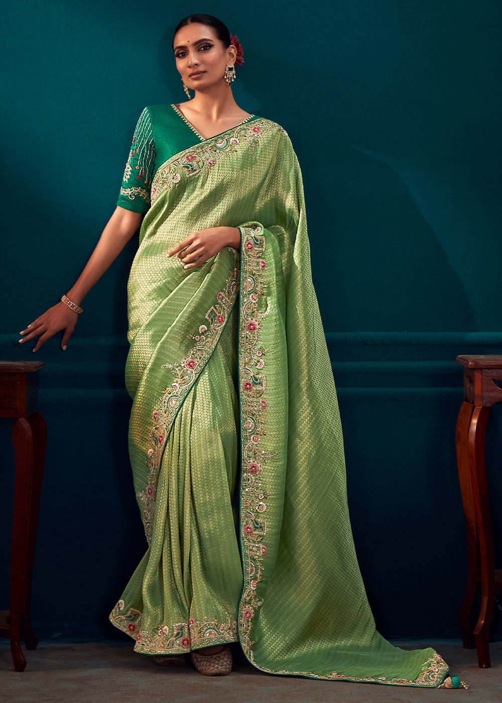 Light Green Woven Kanjivaram Silk Saree with Sequin,Stone,Khatli & Pearl work