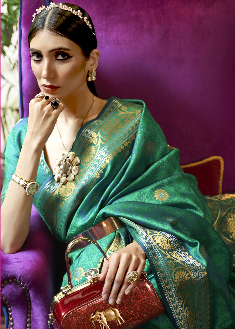 Persian Green Kanjivaram Silk Saree Woven with Silver & Golden Zari