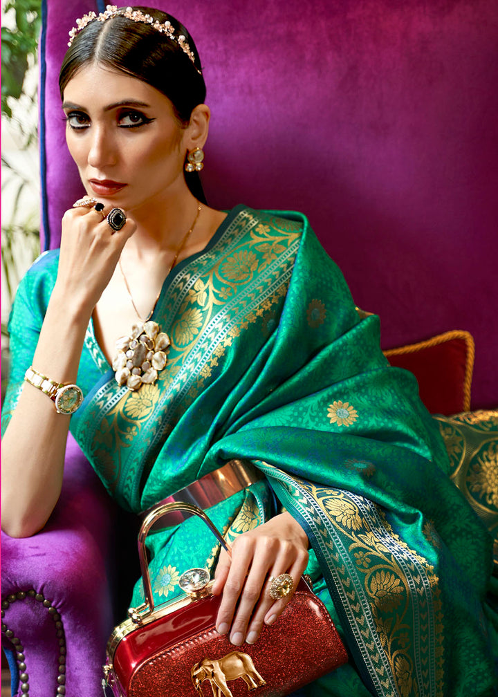 Persian Green Kanjivaram Silk Saree Woven with Silver & Golden Zari