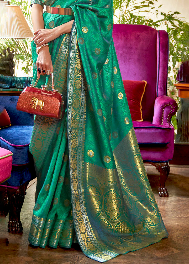 Persian Green Kanjivaram Silk Saree Woven with Silver & Golden Zari