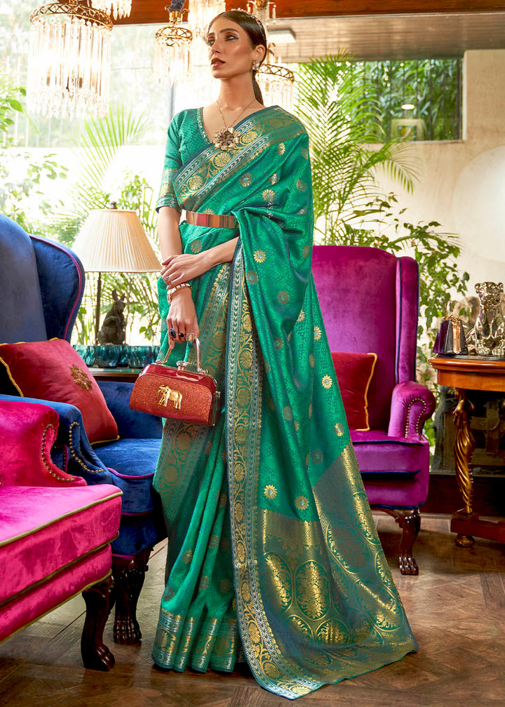 Persian Green Kanjivaram Silk Saree Woven with Silver & Golden Zari