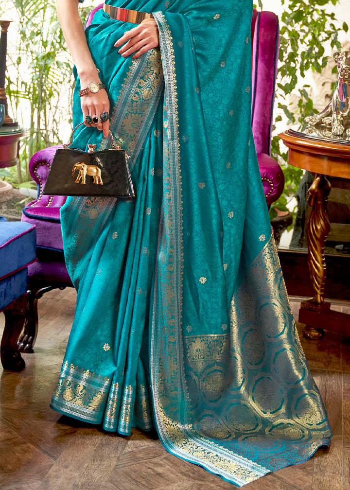 Curious Blue Kanjivaram Silk Saree Woven with Silver & Golden Zari