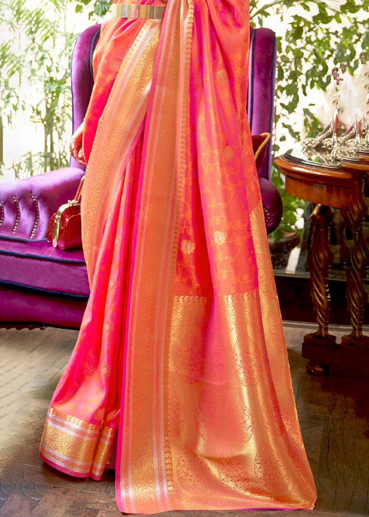 Shades Of Pink Kanjivaram Silk Saree Woven with Silver & Golden Zari