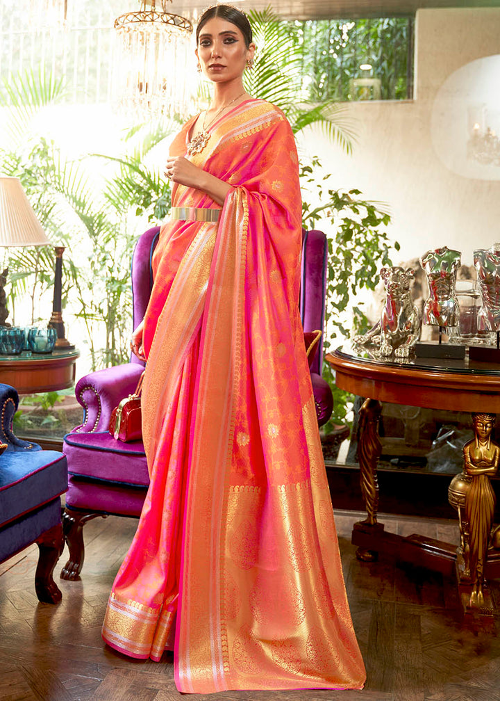 Shades Of Pink Kanjivaram Silk Saree Woven with Silver & Golden Zari