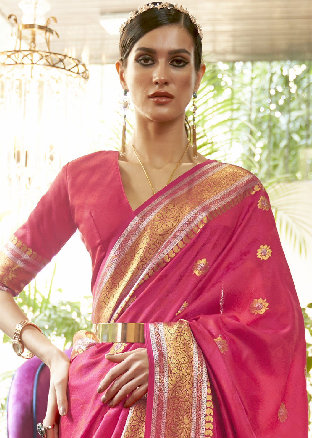 Hot Pink Kanjivaram Silk Saree Woven with Silver & Golden Zari