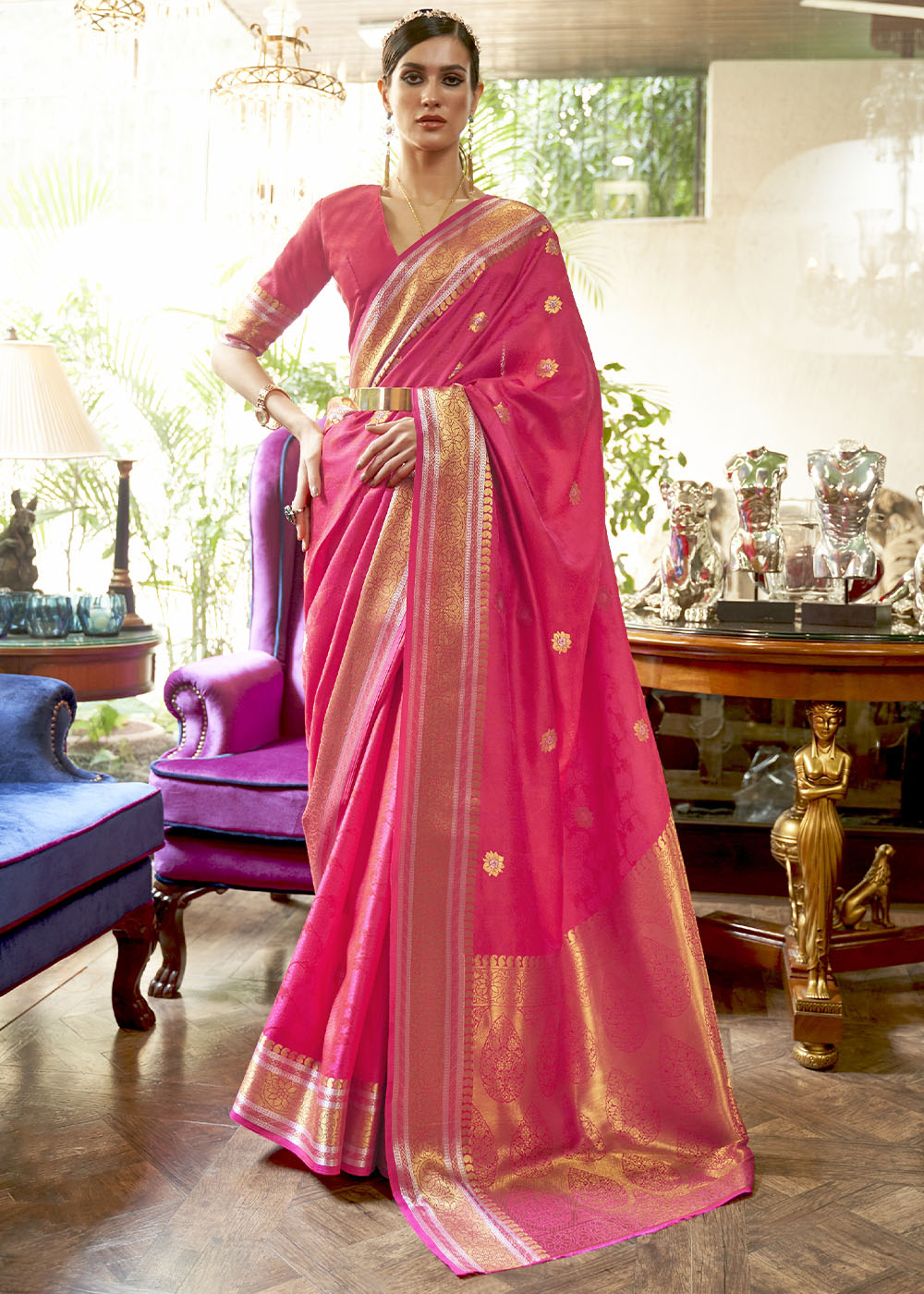 Hot Pink Kanjivaram Silk Saree Woven with Silver & Golden Zari