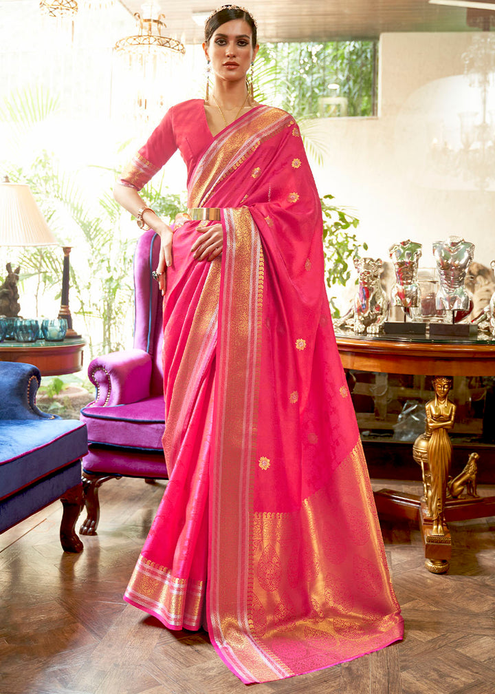 Hot Pink Kanjivaram Silk Saree Woven with Silver & Golden Zari