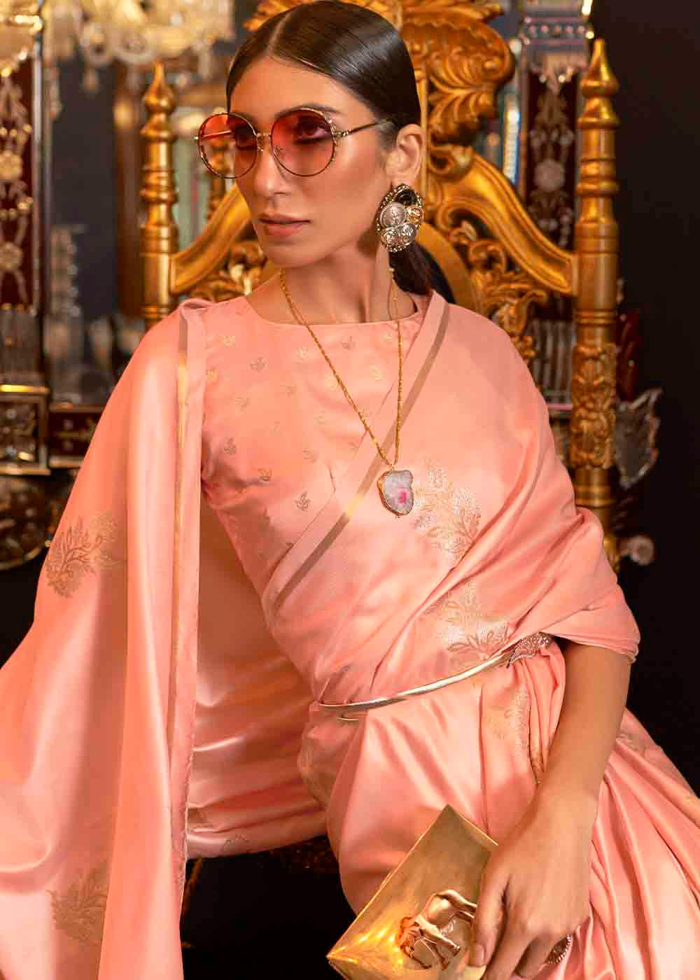 Coral Pink Designer Satin Silk Saree