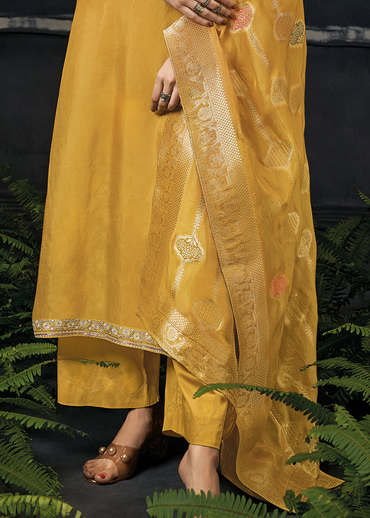 Saffron Yellow Embroidered Organza Salwar Suit: Top Pick