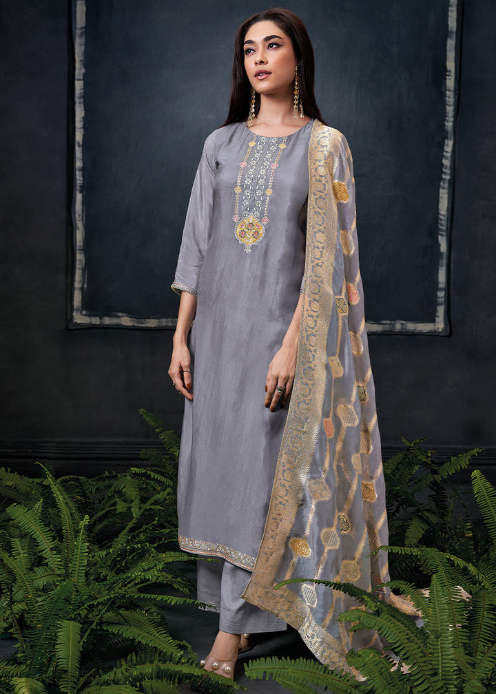 Flint Grey Embroidered Organza Salwar Suit