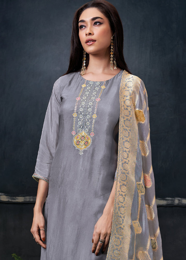 Flint Grey Embroidered Organza Salwar Suit