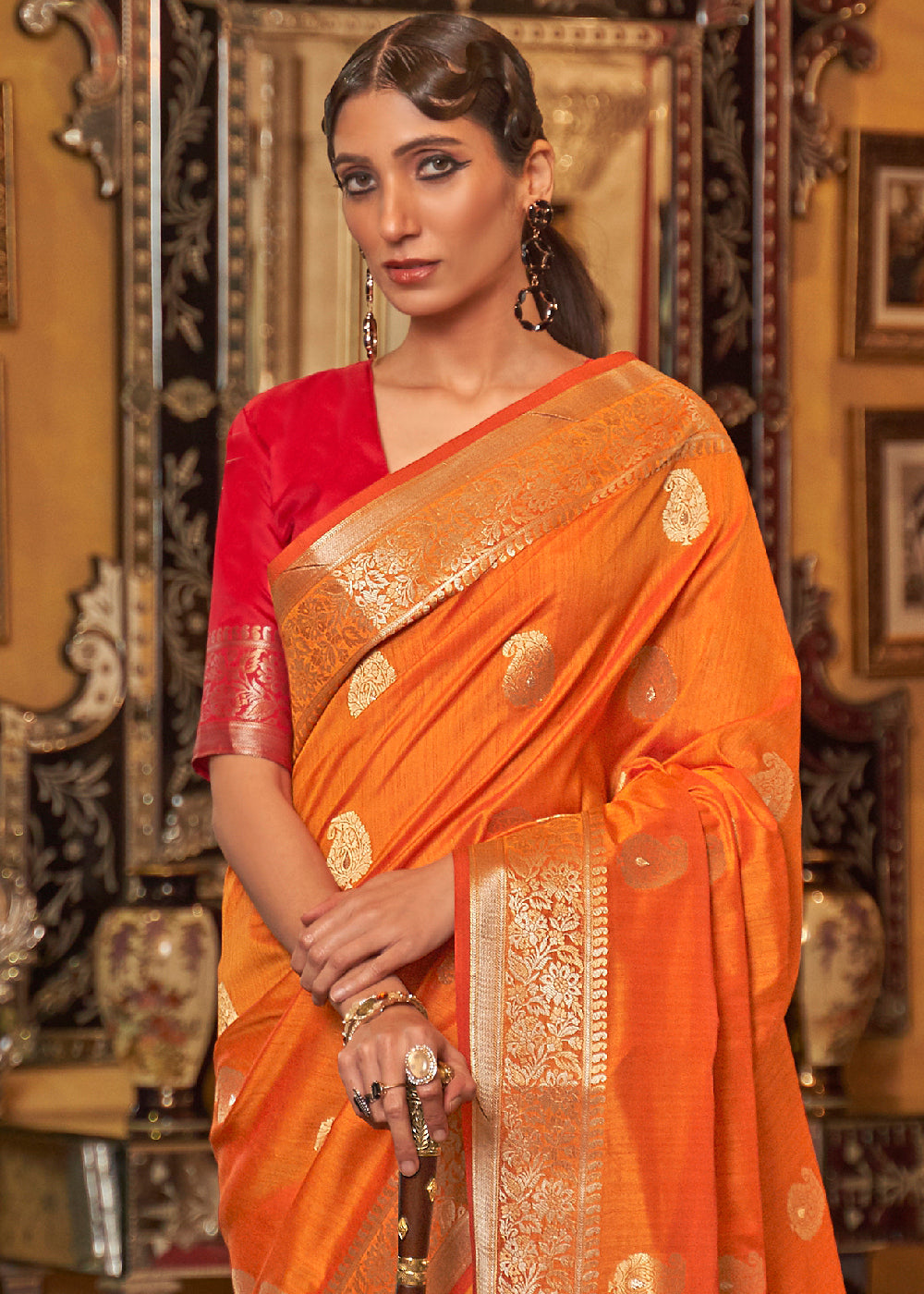 Bright Orange Zari Woven Tussar Silk Saree