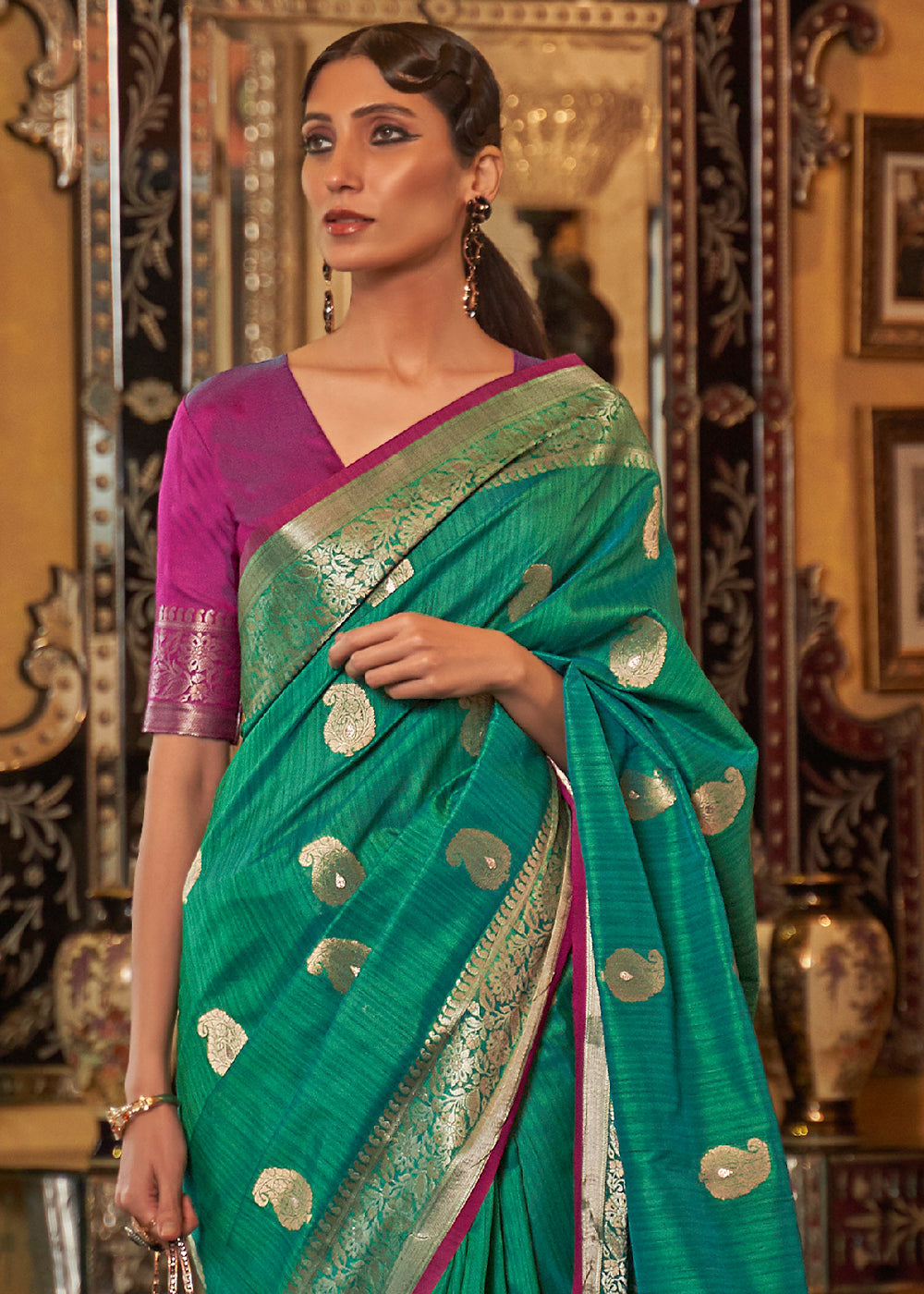 Jade Green Zari Woven Tussar Silk Saree