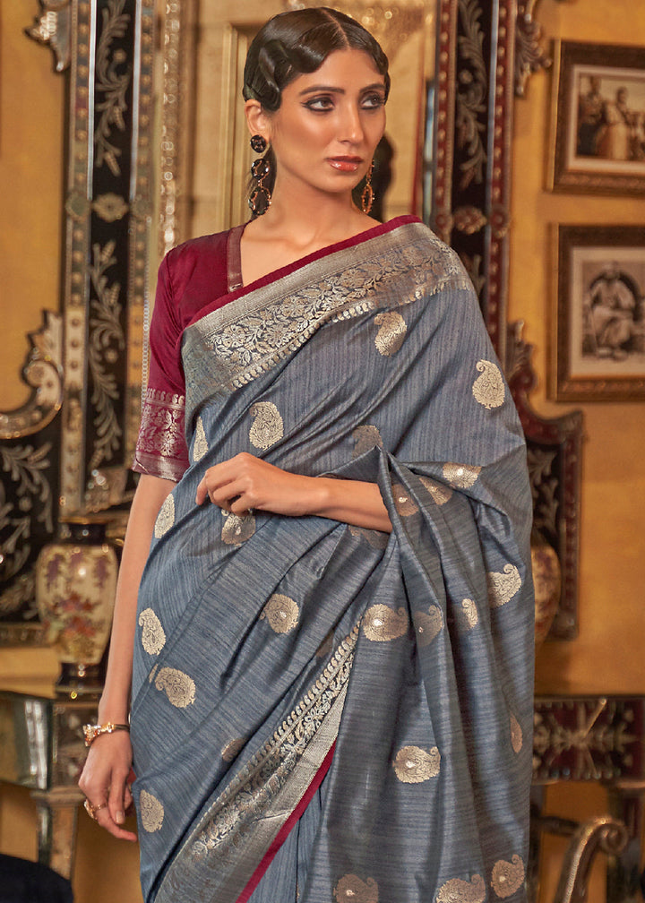 Pewter Grey Zari Woven Tussar Silk Saree