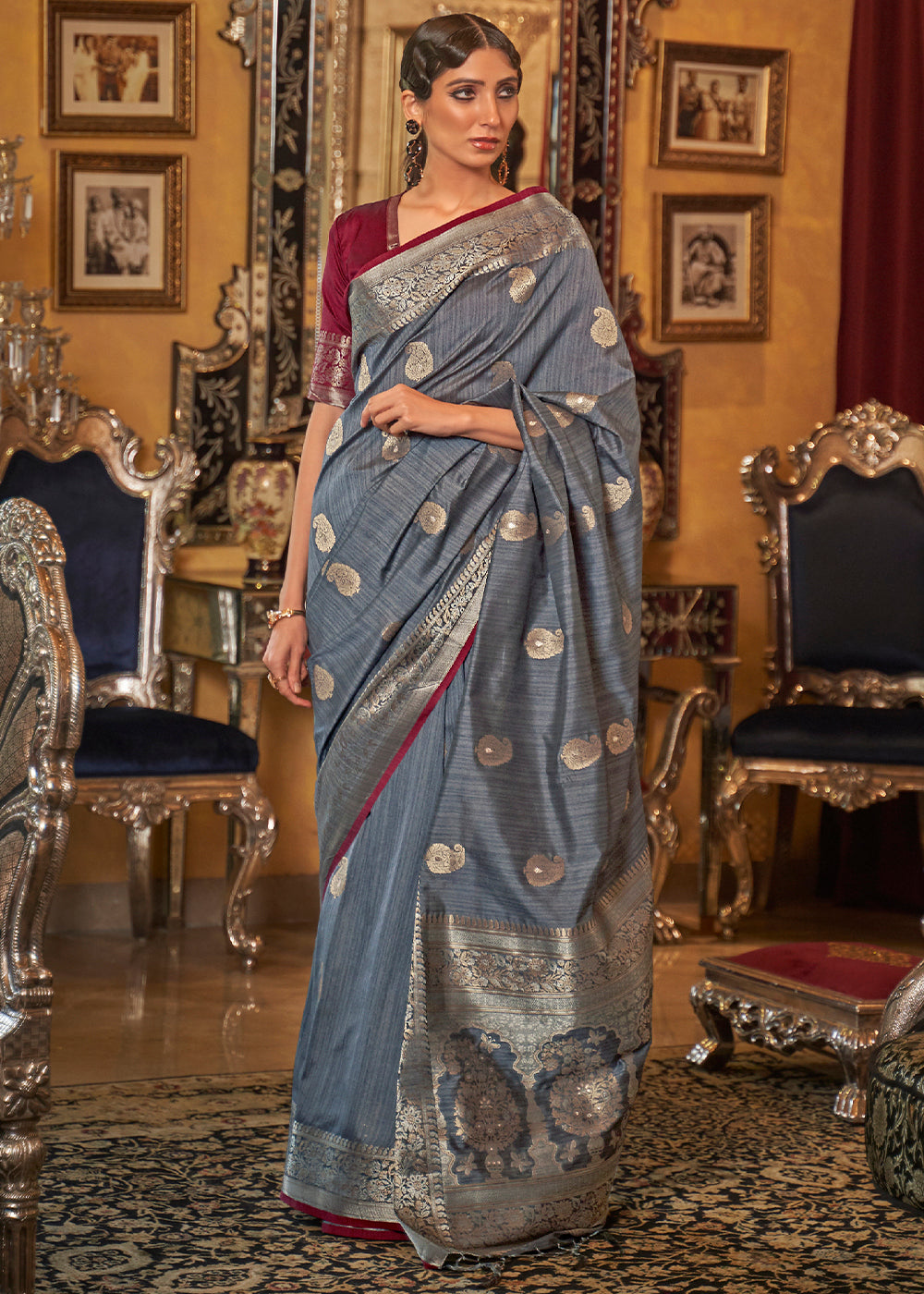 Pewter Grey Zari Woven Tussar Silk Saree