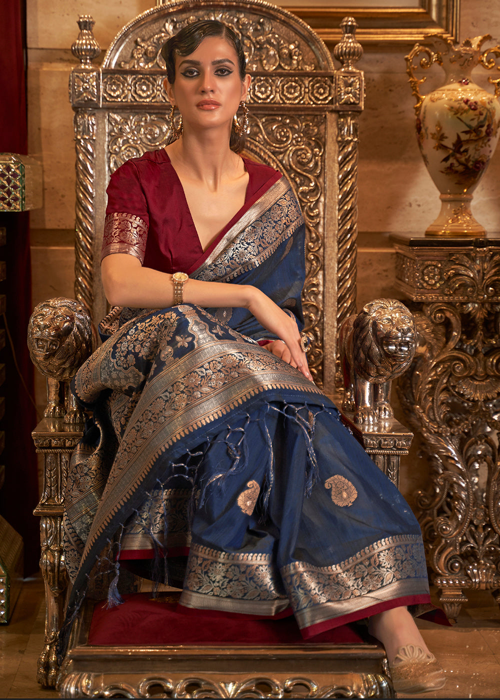 Midnight Blue Zari Woven Tussar Silk Saree