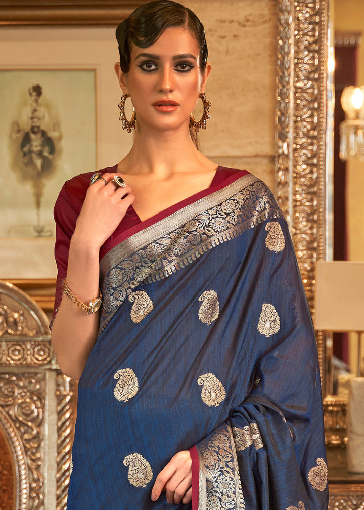 Midnight Blue Zari Woven Tussar Silk Saree