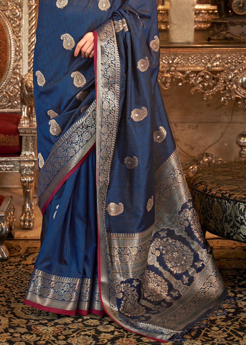 Midnight Blue Zari Woven Tussar Silk Saree