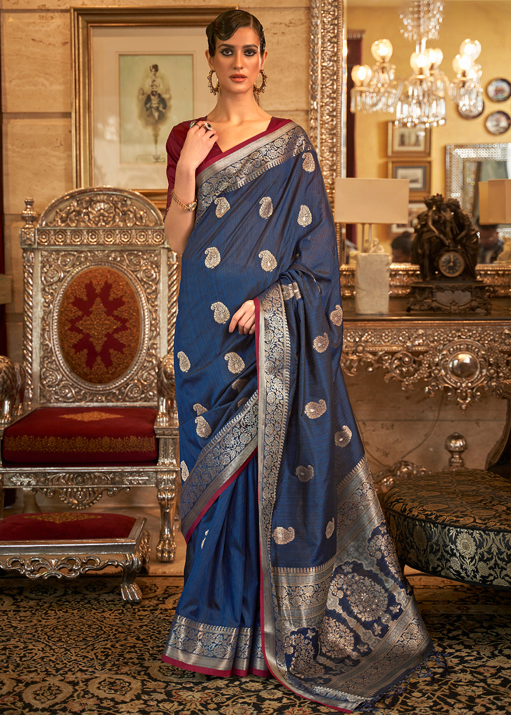 Midnight Blue Zari Woven Tussar Silk Saree