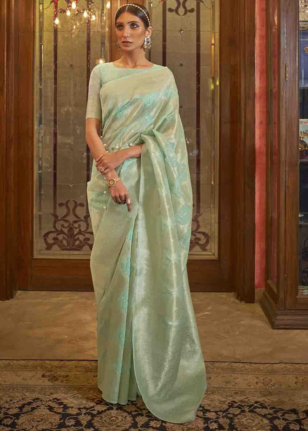 Mint Green Woven Banarasi Silk Saree with Sequins work