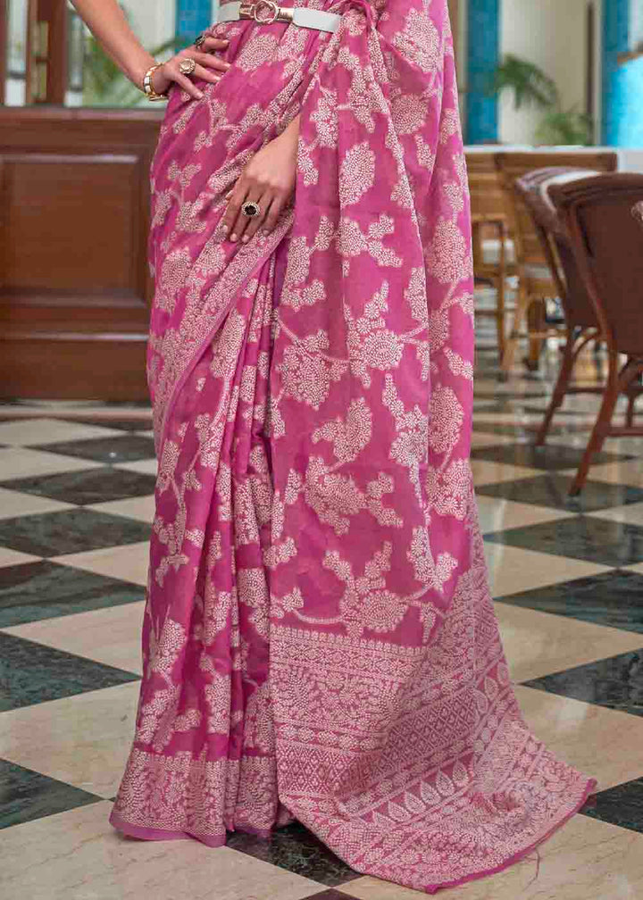 Magenta Pink Chikankari Weaving Silk Saree