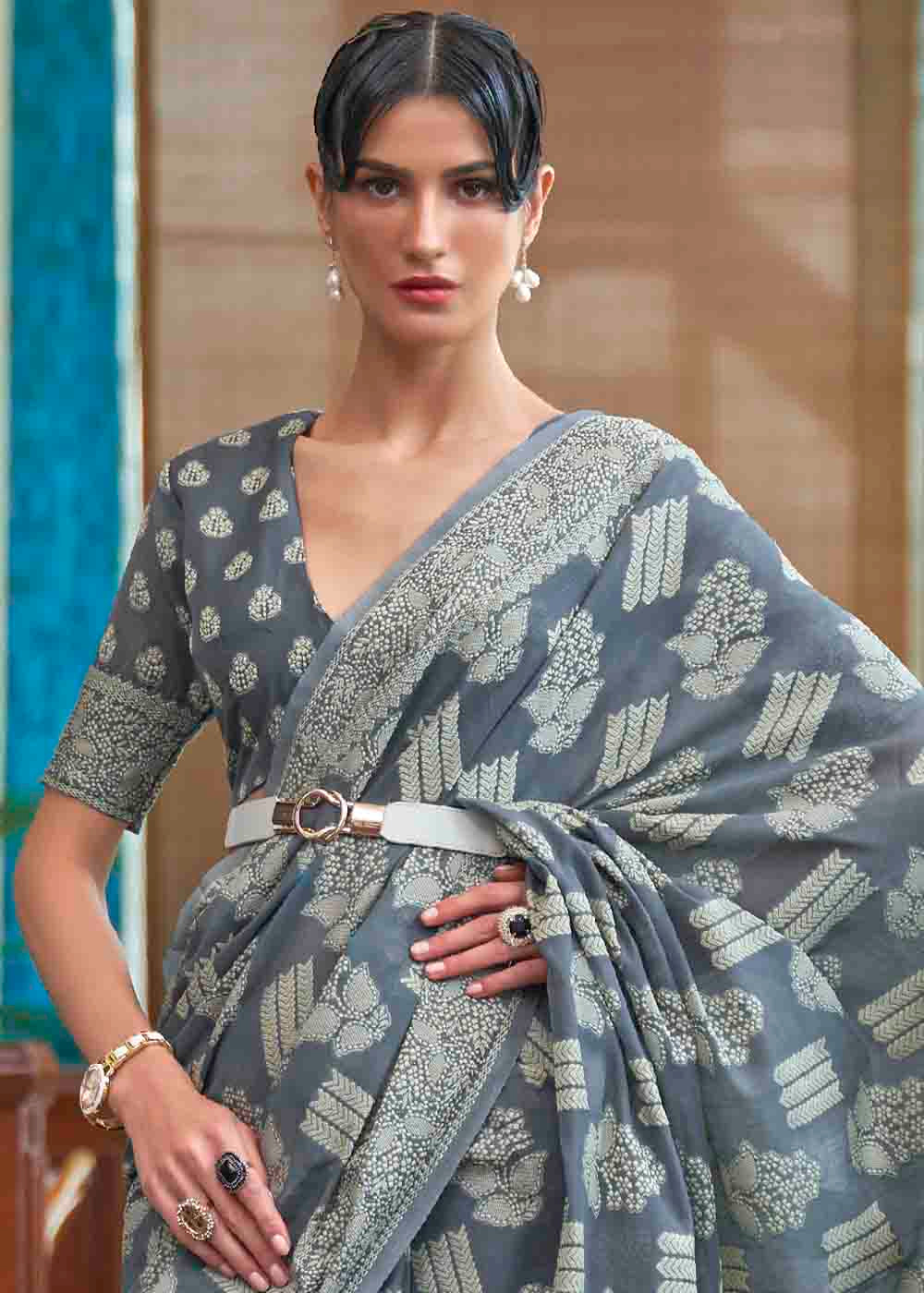 Anchor Grey Chikankari Weaving Silk Saree