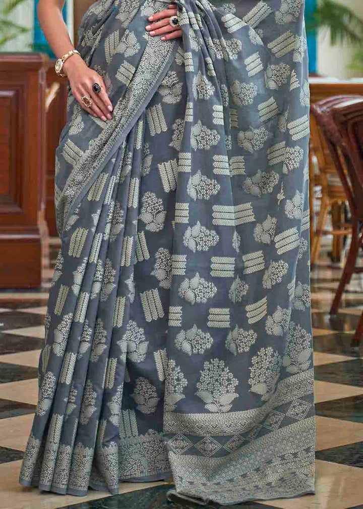 Anchor Grey Chikankari Weaving Silk Saree