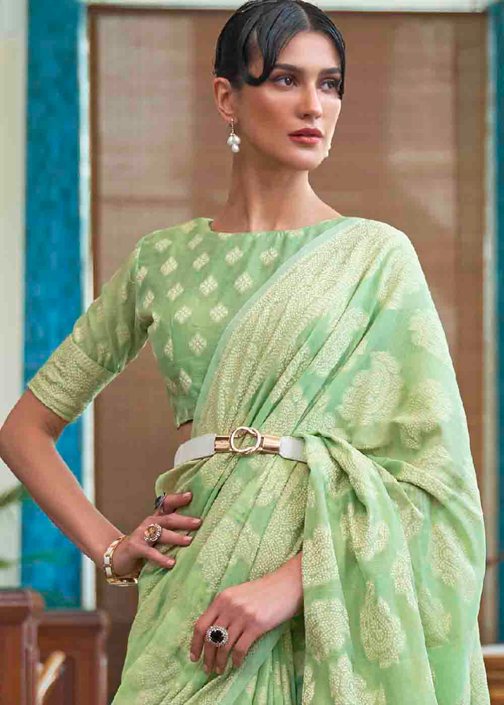 Pastel Green Chikankari Weaving Silk Saree