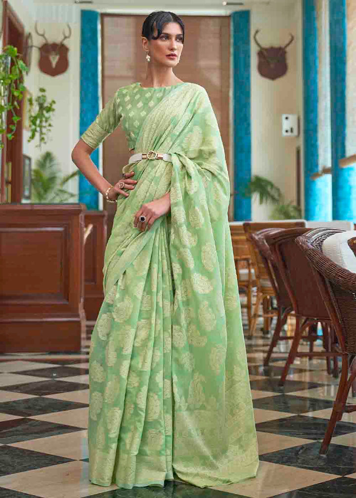 Pastel Green Chikankari Weaving Silk Saree