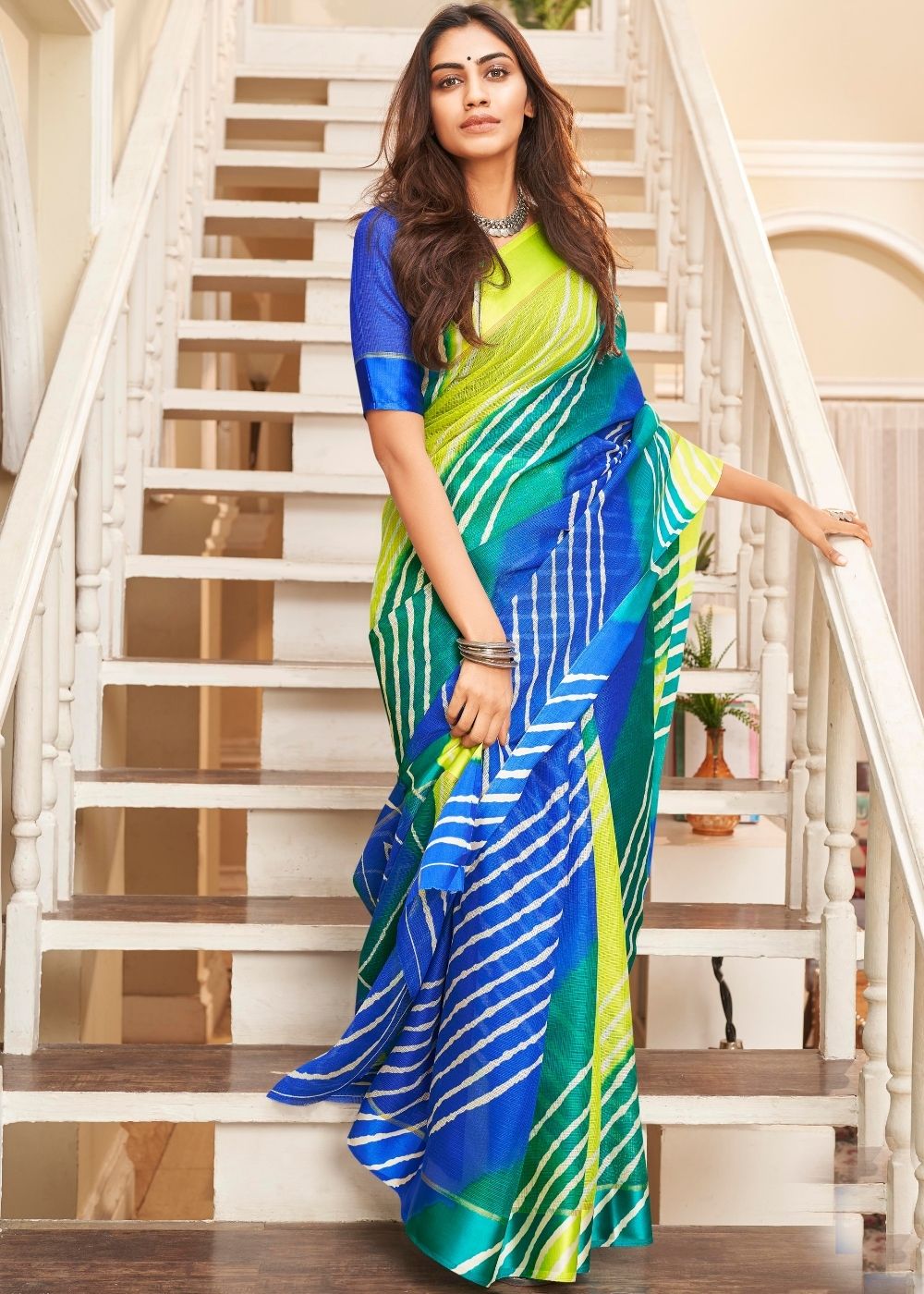 Blue & Yellow Cotton Saree with Leheriya Print